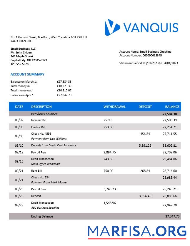 Blank Vanquis Bank organization account statement Word and PDF template